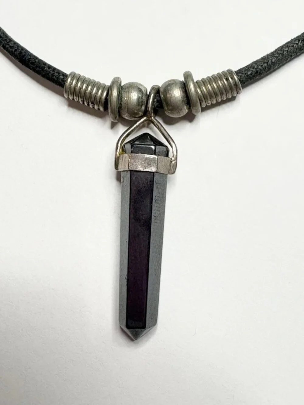 VTG 90s Whimsi Crystal Black Pendant Leather Cord Choker Necklace Unisex Grunge